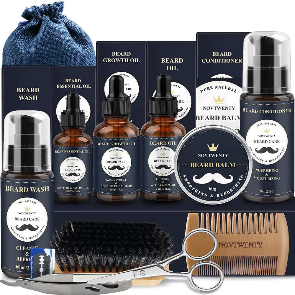 Complete Beard Maintenance Kit Wash, Safety Razor, Balm, Brush, Scissors And Replacement Blades