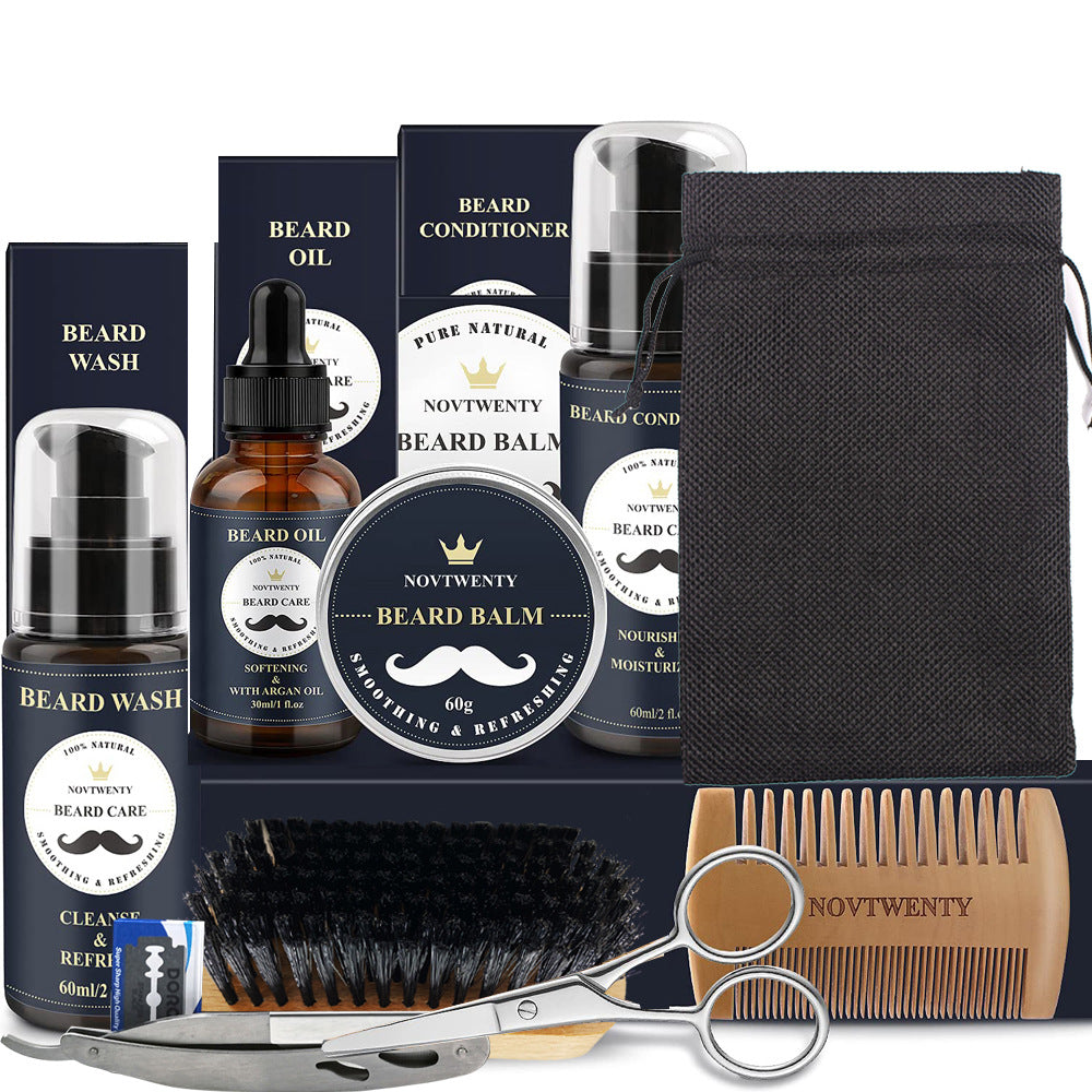 Care Roller Beard Care Balsam Comb Brush Pogonotomy Scissors Set