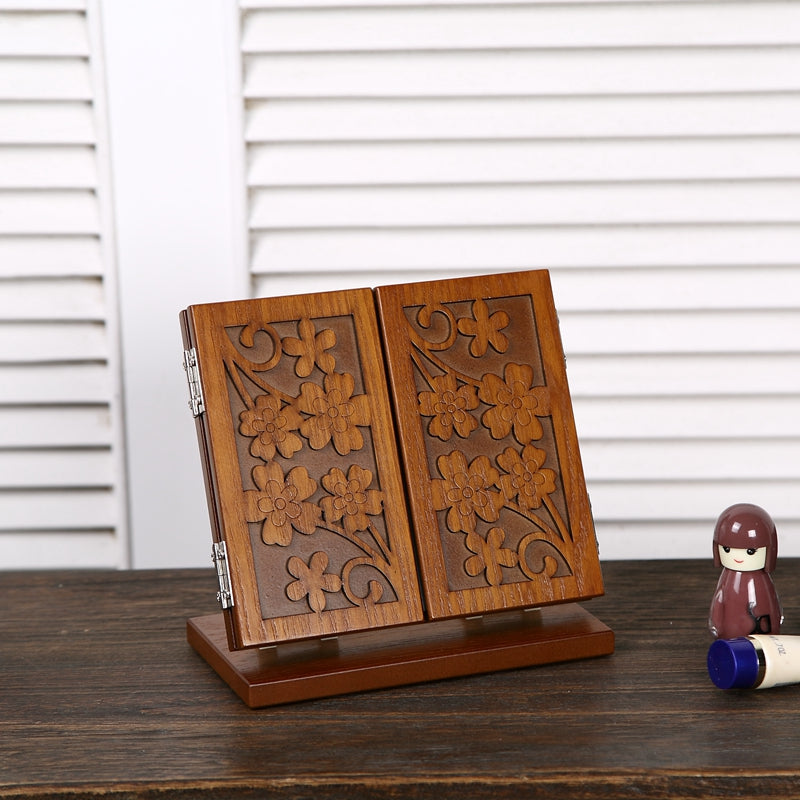 Wooden Carved Foldable Makeup Mirror Portable Creative Retro