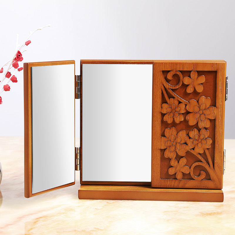 Wooden Carved Foldable Makeup Mirror Portable Creative Retro